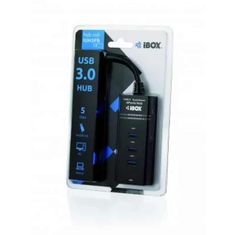 USB 3.2 Gen 1 Type-A 4 prievadų USB šakotuvas IBOX IUH3FB, 5000 Mbit/s, juodas, 0,5 m kabelis