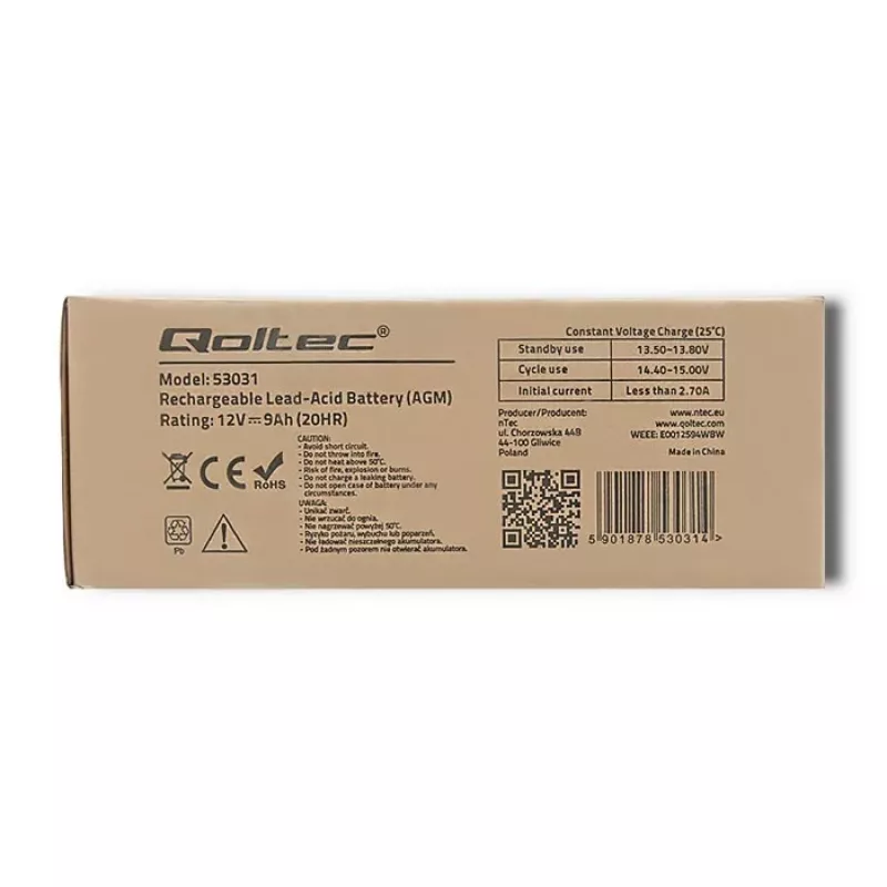Nepriklausomo maitinimo šaltinio baterija QOLTEC 53031 12V 9Ah žalia, 152×94×65 mm, 2,35 kg
