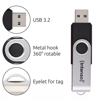 Intenso Office Line USB atmintukas, 64 GB, USB-A, 3.2 Gen 1x1, juodas-sidabrinis, su sukamuoju žiedu