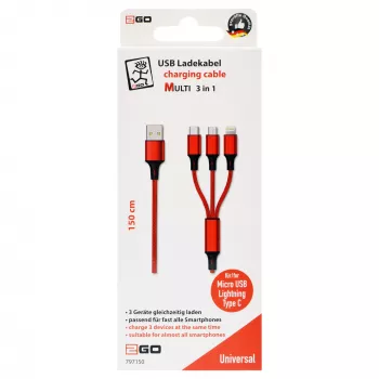 USB kabelis 2GO 797150 1,5 m USB B USB C/Micro-USB B/Lightning raudonas