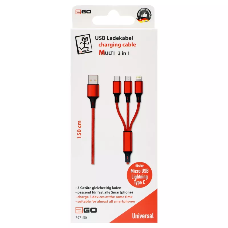 USB kabelis 2GO 797150 1,5 m USB B USB C/Micro-USB B/Lightning raudonas