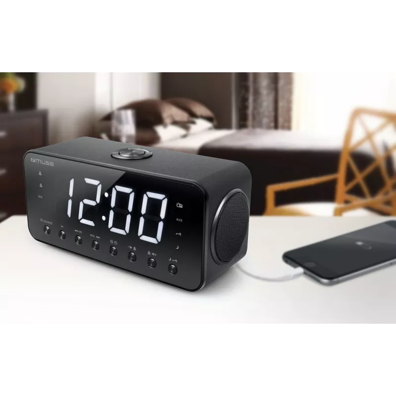 Radijo laikrodis Muse M-192 CR – skaitmeninis laikrodis, FM imtuvas, 1,8 colio LED ekranas, juodo medžio spalva, AC 100–240V, AAA atsarginė baterija