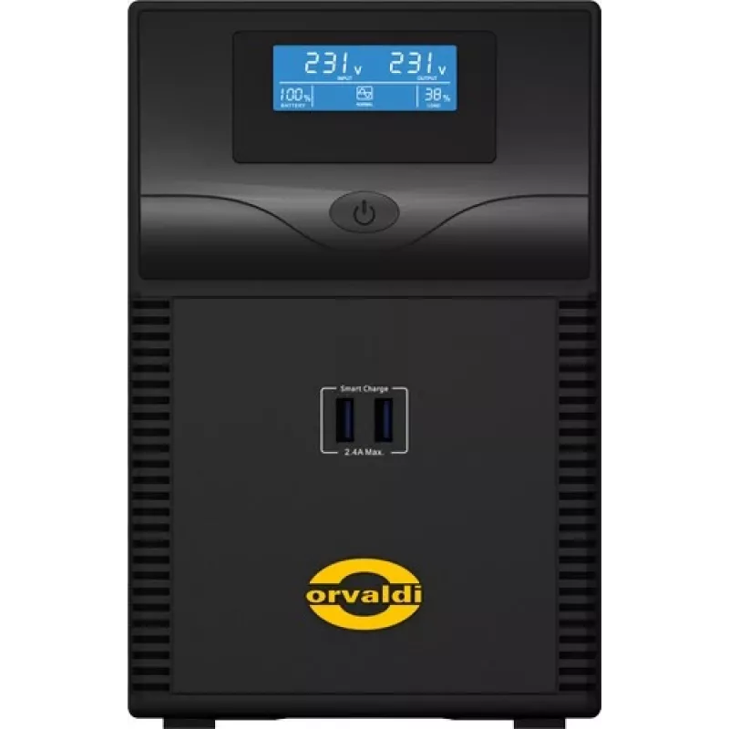Nepertraukiamo maitinimo šaltinis ORVALDI ID2K0CH Line-Interactive 2 kVA / 1200 W, 24 V, 9 Ah baterijos, LCD, USB, kompaktiškas juodas