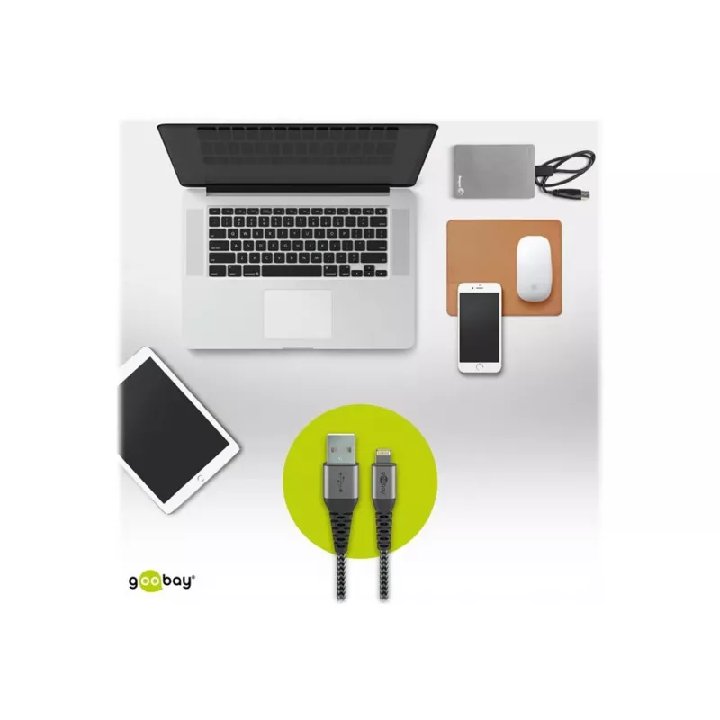 USB-A į Lightning laidas GOOBAY 2 m, tekstilinis apvalkalas, 3,3 mm skersmuo, Space Grey/Silver