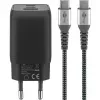 USB-C greitas įkroviklis Nano, PD, GaN, 65 W, USB-C pintas laidas (juodas, 1x USB-A, 2x USB-C PD, Quick Charge 3.0, 1 m laidas)