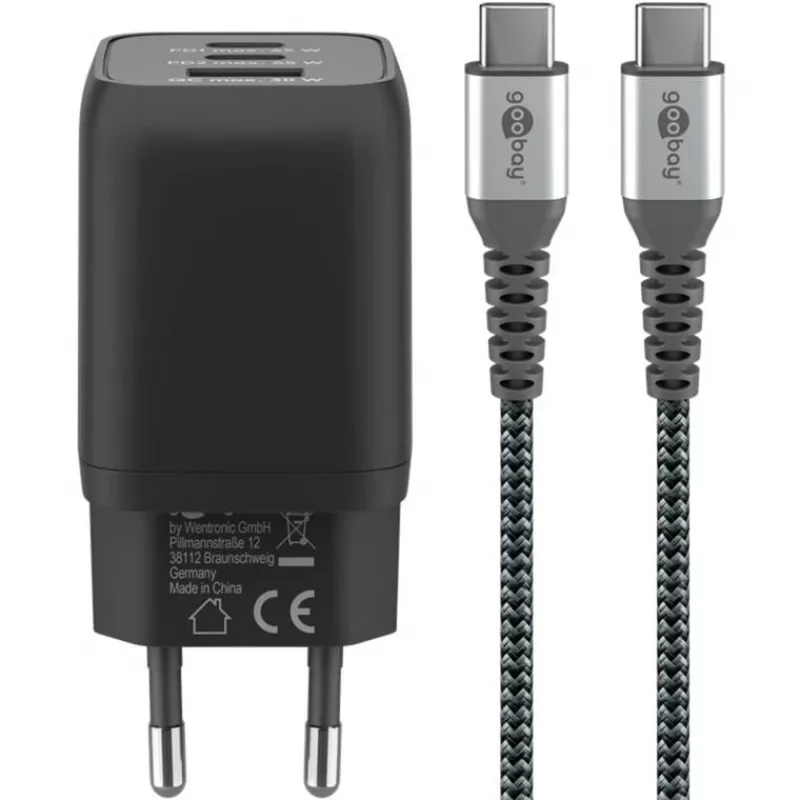 USB-C greitas įkroviklis Nano, PD, GaN, 65 W, USB-C pintas laidas (juodas, 1x USB-A, 2x USB-C PD, Quick Charge 3.0, 1 m laidas)