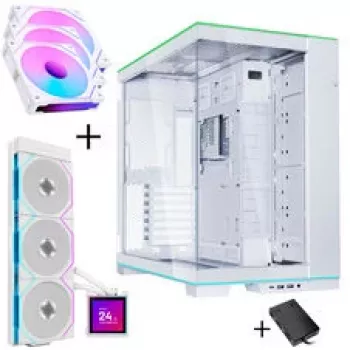 Lian Li O11 Dynamic EVO RGB PC korpuso komplektas su HydroShift II LCD-S 360TL AiO ir 3x UNI FAN SL-INF 120 Reverse Blade ventiliatoriais – Baltas