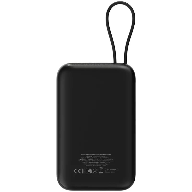 CANYON OnPower 101 įmontuotu kabeliu 10000 mAh PD22.5W Juoda