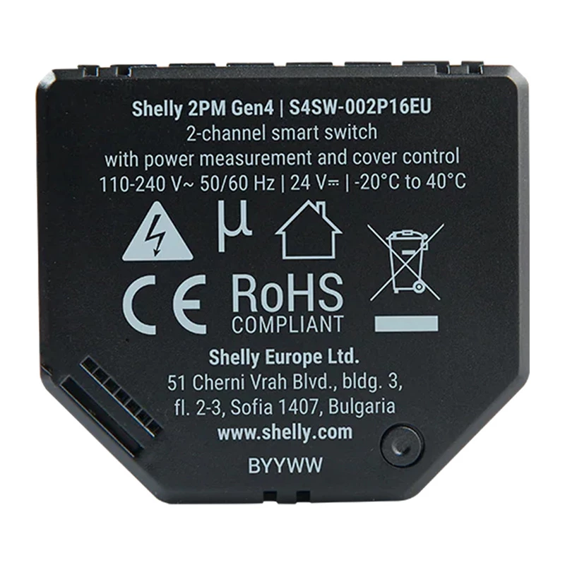 Shelly 2PM Gen4 žaliuzių ir roletų pavara 2 kanalai, AC 110–240V, 2.4 GHz Wi‑Fi, 1.4 W, 8000 KB flash