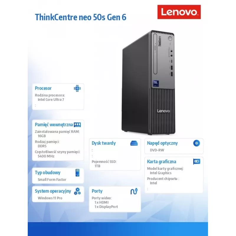 Lenovo ThinkCentre neo 50s Gen 6 SFF 13DM001VPB stacionarus kompiuteris, Intel Core Ultra 7 265, 16GB DDR5, 1TB SSD, DVD±RW, Windows 11 Pro