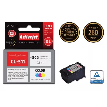 Kasetė ActiveJet AC-511R suderinama su Canon CL-511, dažų CMY, didelės talpos (XL) 12 ml, vienetinis