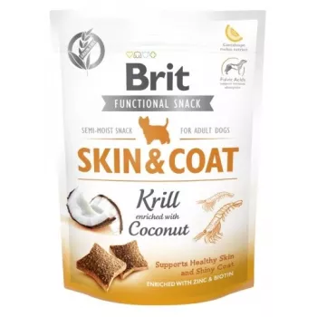 Brit Dog Skin & Coat Krill Coconut 150 g — dietiniai kieti užkandžiai suaugusiems šunims su kriliu ir kokosu, be glitimo