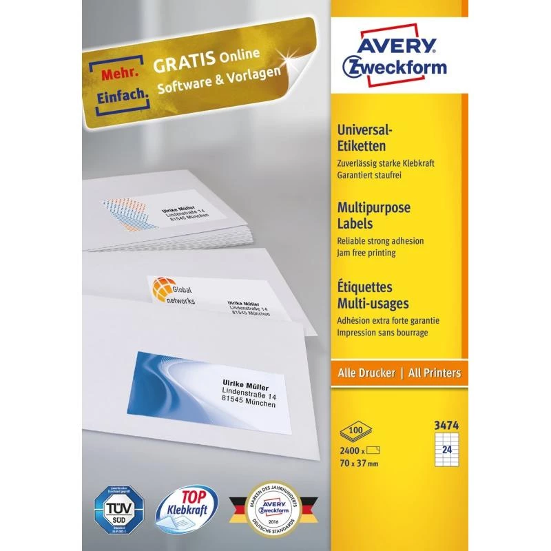 Avery 3474 lipni etiketė stačiakampė nuolatinė balta 2400 vnt.