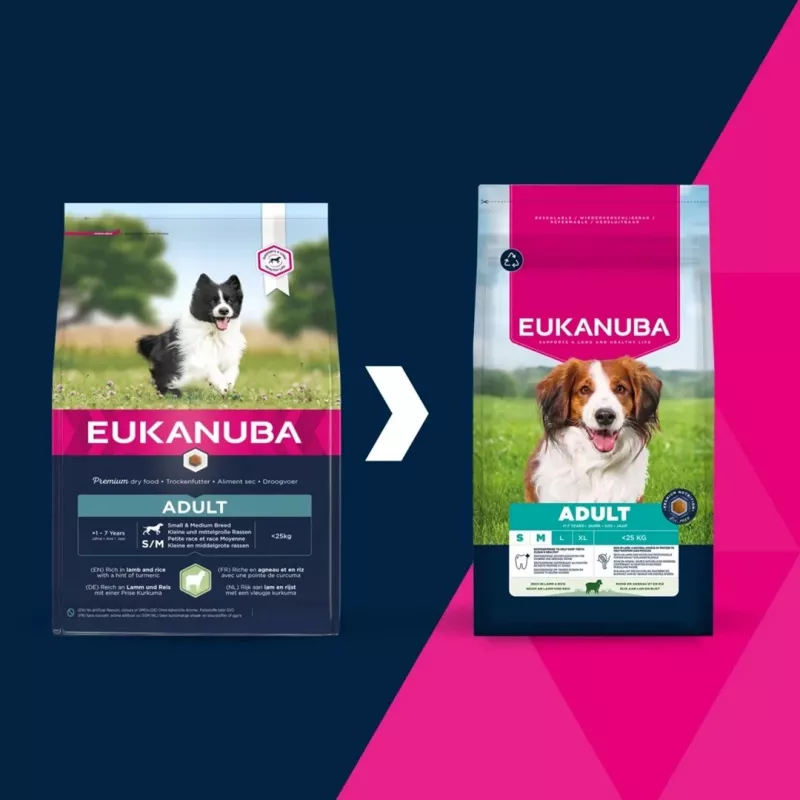 Sausas šunų ėdalas EUKANUBA Small/Medium Breed Adult Lamb & Rice 12 kg, 25% baltymų, 15% riebalų
