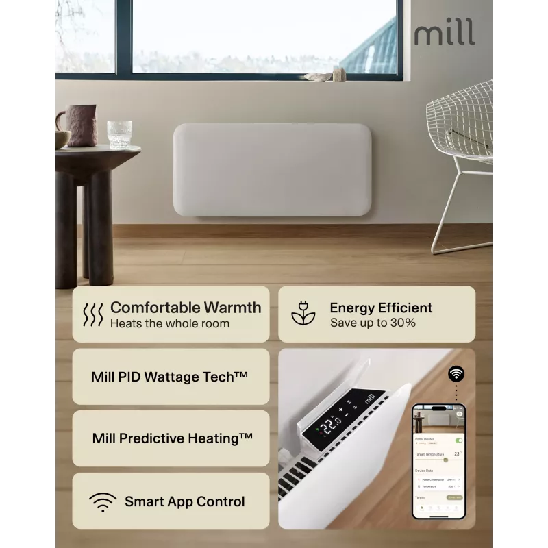 Mill WiFi Panelinis Šildytuvas PA1500WIFI4A | 1500 W | Tinka patalpoms iki 22 m² | Baltas | IPX4