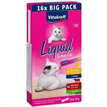 Vitakraft Liquid Snack 16 x 15 g — jautiena ir vištiena, 240 g, be konservantų