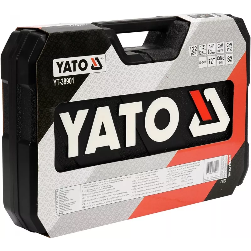 Mechaniko įrankių rinkinys YATO YT-38901 122 vnt. su lizdais, reketais, atsuktuvais