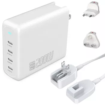 Vidinis kintamosios srovės greitasis įkroviklis 4smarts 545200 — 200 W, 4× USB-C, 100–240 V, 1,5 m laidas, baltas