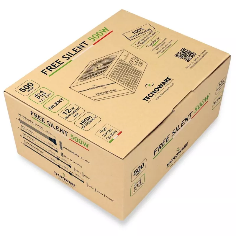 Maitinimo blokas TECNOWARE Free Silent 500 W — ATX, 20+4 pin, 120 mm ventiliatorius, 86% efektyvumas