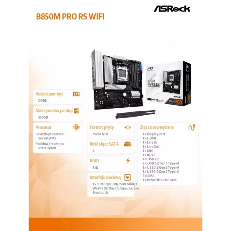 Motininė plokštė ASRock B850M Pro RS WiFi — AMD B850, Socket AM5, microATX, DDR5, 4 DIMM, 256GB, Wi‑Fi 6E, 2.5Gb LAN, 3x M.2