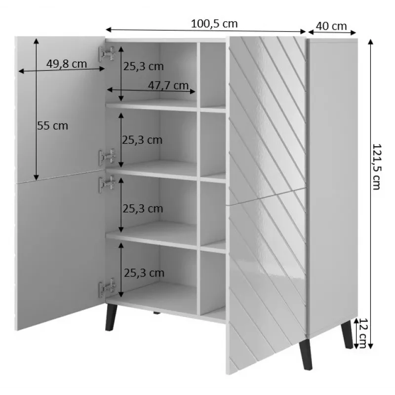 Lentyninė spinta Cama Meble ABETO 100.5 x 40 x 121.5 cm balta/blizganti balta, ant grindų statoma prie sienos
