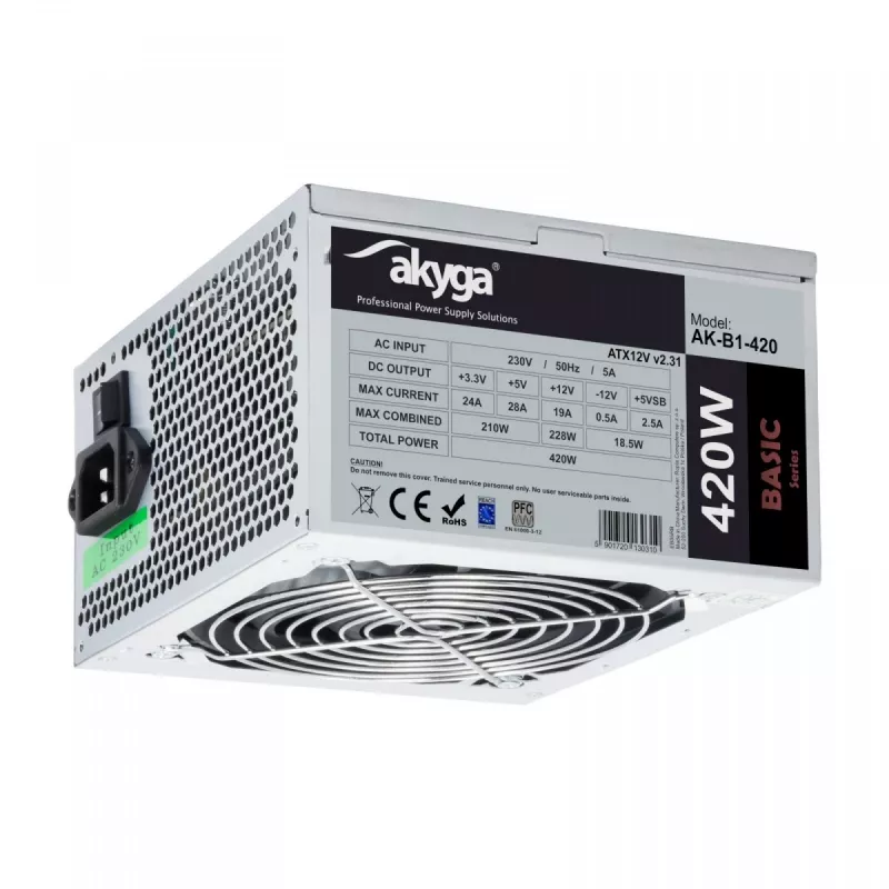 Akyga Basic AK-B1-420 ATX maitinimo blokas 420 W, 120 mm ventiliatorius, pasyvus PFC, pilkas