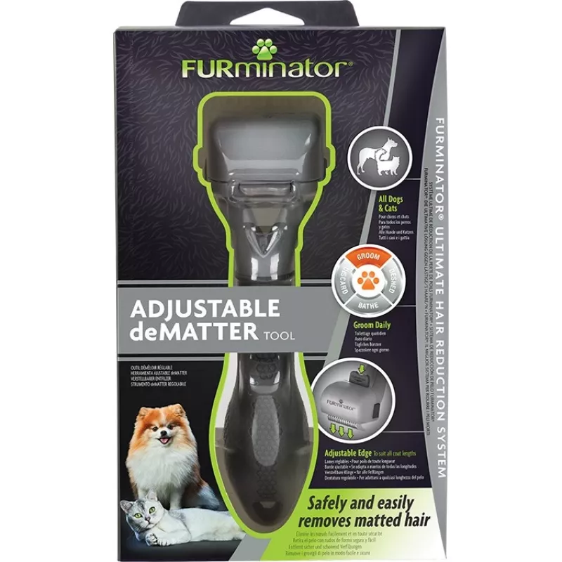Iškaršymo įrankis FURminator Adjustable katėms ir šunims – nerūdijančio plieno ašmenys, ergonomiška neslystanti rankena, 185 g, visų tipų kailiams