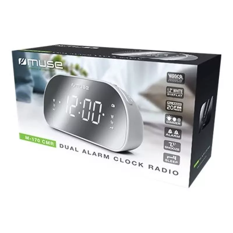 Radijo laikrodis Muse M-170CMR – skaitmeninis radijo laikrodis su 1.2 colio LED ekranu, FM imtuvu, maitinimas 230 V, AAA atsarginė baterija, veidrodinis/baltas
