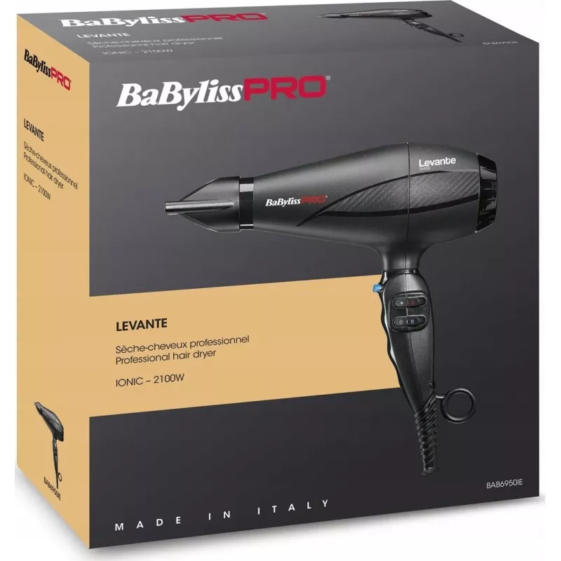 Plaukų džiovintuvas BaByliss PRO Levante 2100 W, AC variklis, joninis, 2 šilumos/2 greičio, juodas