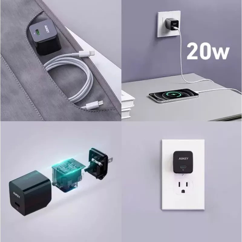 Sieninis įkroviklis Aukey PA-Y20S 20W USB-C Power Delivery, kompaktiškas, vieno prievado