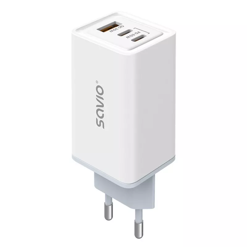 SAVIO LA-07 GaN 65W sieninis įkroviklis, USB, QC4.0+, PD 3.0, Baltas
