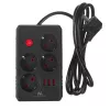Maitinimo blokas MACLEAN MCE392 B — 4 lizdai, 3×USB, 110–240V, 2.1A, 2500W, 1,5 m laidas, juodas
