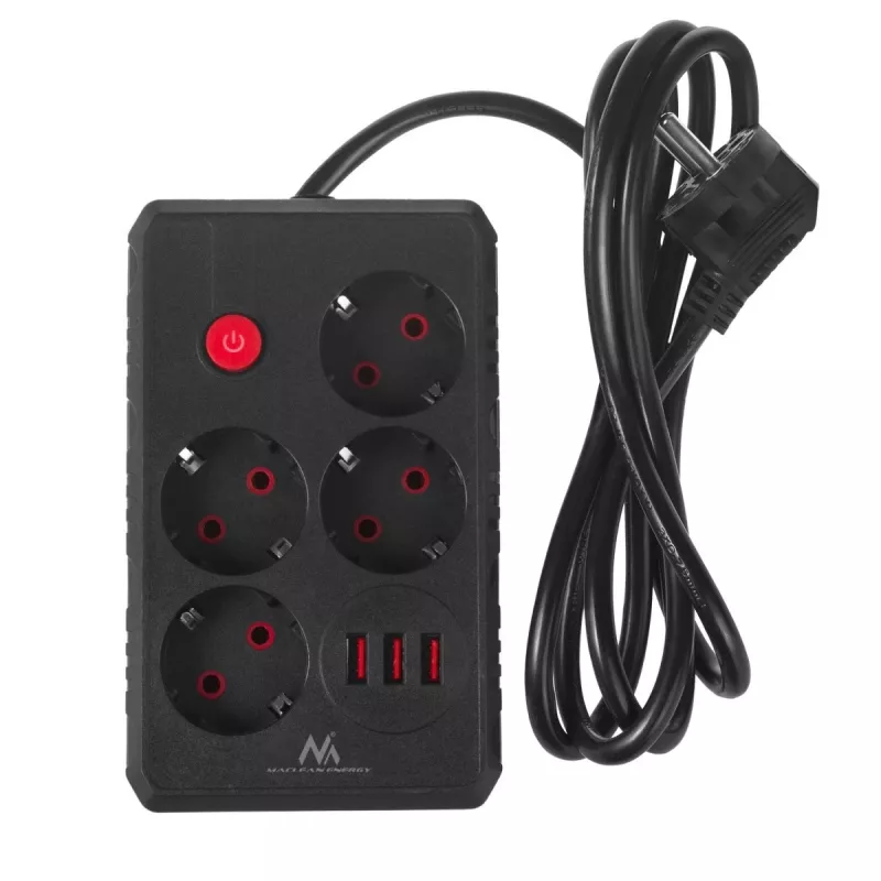 Maitinimo blokas MACLEAN MCE392 B — 4 lizdai, 3×USB, 110–240V, 2.1A, 2500W, 1,5 m laidas, juodas