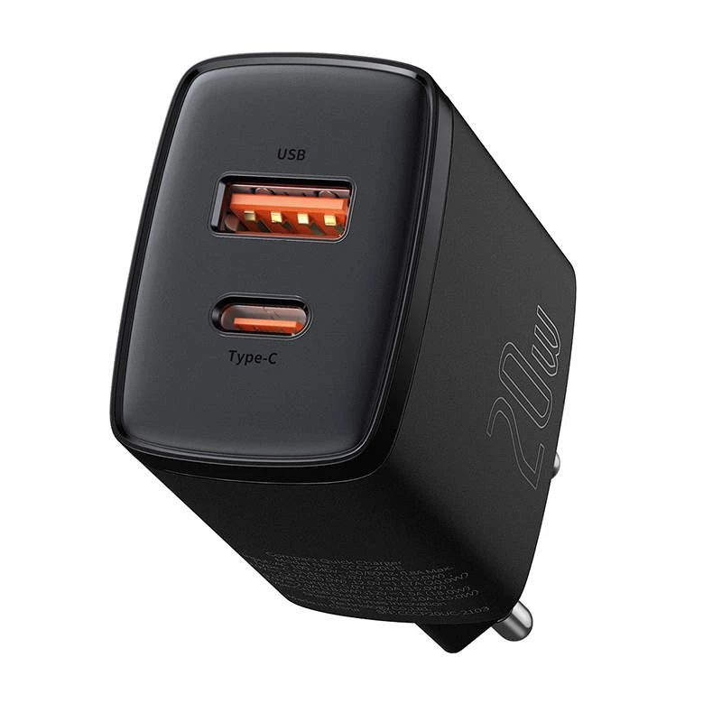 Vidinis USB greitasis įkroviklis Baseus CCXJ-B01 — 2 prievadai (USB-C PD 20W + USB-A QC3.0 18W), 100–240V, juodas