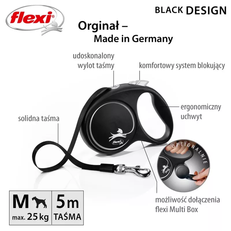 Flexi Black Design M šunų pavadėlis su automatiniu vyniojimu, 5 m juostelė, iki 25 kg