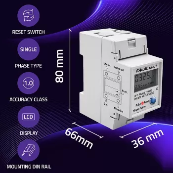 Energijos skaitiklis QOLTEC Vienfazis DIN-bėgis 230V (MPN 50979)
