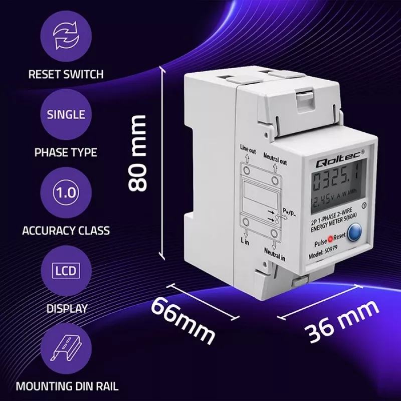 Energijos skaitiklis QOLTEC Vienfazis DIN-bėgis 230V (MPN 50979)