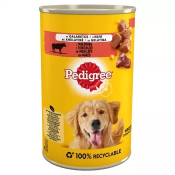 Šlapias šunų ėdalas Pedigree Beef Adult 400 g skardinėje — jautienos skonis, 7,2 % baltymų, 3,8 % riebalų, 82,5 % drėgmės