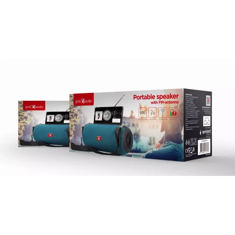 Nešiojamas stereofoninis garsiakalbis GEMBIRD SPK-BT-17-G — Bluetooth 5.1, 5 W RMS, 1200 mAh, MicroSD, FM, AUX