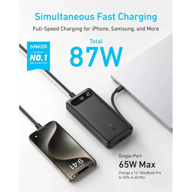 Nešiojamas įkroviklis Anker A1383011 — 20000 mAh, 1× USB-A + 1× USB-C, bendra 3.6 A, juodas