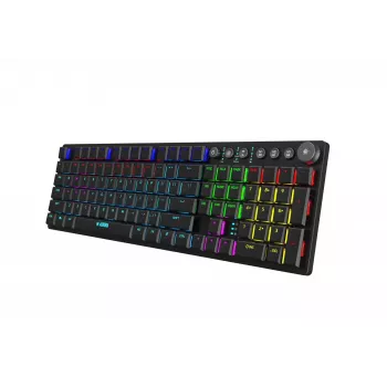 Klaviatūra IBOX AURORA K-6 — pilno dydžio QWERTY, RF belaidis + Bluetooth, RGB apšvietimas, mechaniniai žemo profilio klavišai, juoda