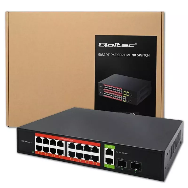 Tinklo jungiklis QOLTEC 52292 – Gigabit Ethernet PoE, 16x RJ45, 2x RJ45 uplink, 2x SFP