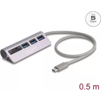 USB mazgas DELOCK 3 prievadai 5 Gbps su SD ir microSD kortelių skaitytuvu ir USB-C jungtimi