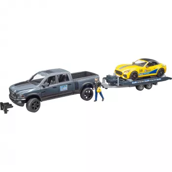 BRUDER 2504 žaislinis automobilis Dodge RAM 2500 su priekaba ir roadsteriu