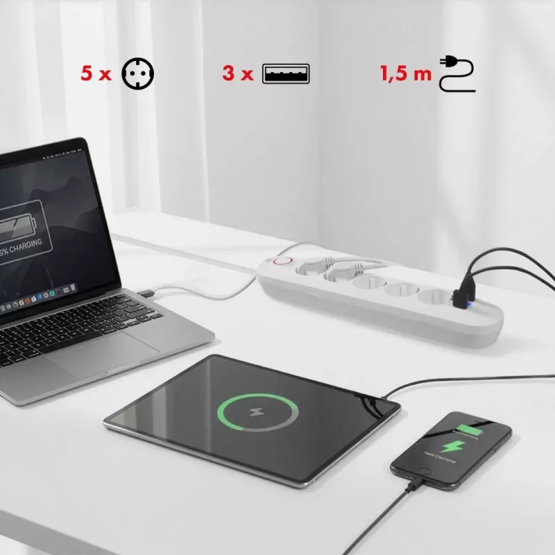 Maitinimo blokas MACLEAN MCE395 W – 5 kištukinių lizdų, 3× USB A, 110–240 V AC, 2,1 A USB, max 2500 W, baltas, 1,5 m laidas