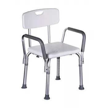 Kėdė dušui ActionMed KP300AM su atlošu ir porankiais, polipropilenas, reguliuojamas aukštis 43–56 cm, sėdynė 40×33 cm, max svoris 110 kg