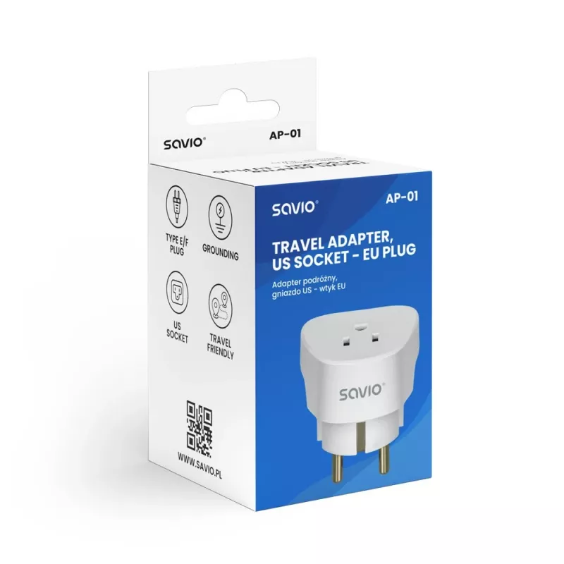 SAVIO AP-01 kelioninis adapteris, US lizdas – EU kištukas