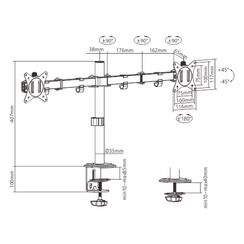Monitor laikiklis Gembird MA-D2-01 dviem ekranams iki 32 colių, VESA 75x75–100x100, spaustuvas, 18 kg, juodas