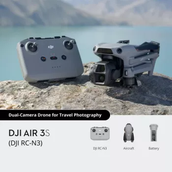 Kvadrakopteris DJI Air 3S RC-N3 – 50 MP kamera, 4K, 4 rotoriai, maks. greitis 27 m/s, nuotolis 32 000 m, 4276 mAh baterija, pilka