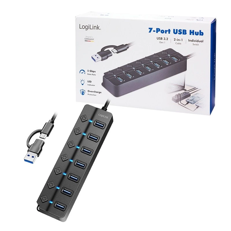 USB 3.2 Gen1 7 prievadų USB mazgas su atskirais jungikliais, juodas